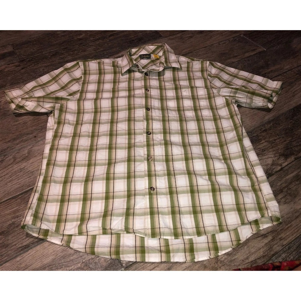 Cabelas Mens Sz Large Shirt Cotton Green Plaid Buttons‎ Short Sleeve